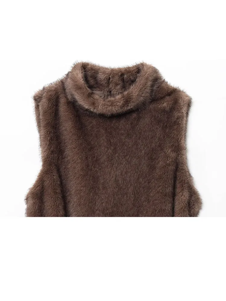 HH Moda donna collo alto cintura decorazione effetto pelliccia sintetica gilet senza maniche top femminile inverno caldo casual slim high street top