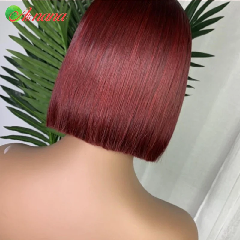 Peluca de cabello humano con cierre de encaje para mujeres negras, pelo corto transparente Bob, color borgoña, rojo y liso, 5x5, 6x6