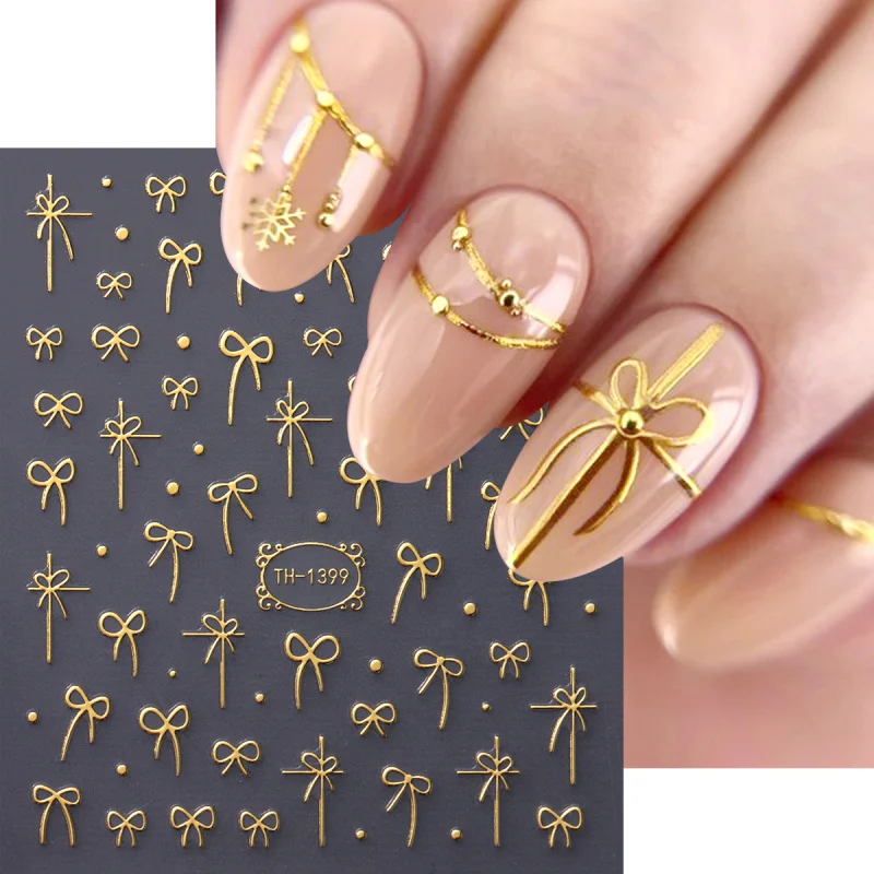 2pcs Golden Christmas Nail Art Stickers Sparkling Snowflake Bowknot Adhesive Sliders New Year Santa Tree Manicure Decals Decor