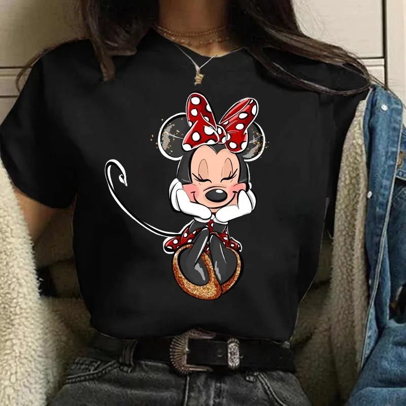 

Disney Minnie Mouse Women's T-shirt Kawaii Disney T-shirt Fun Top Fashion Women's Black Street Clothing Short sleeved Clothes