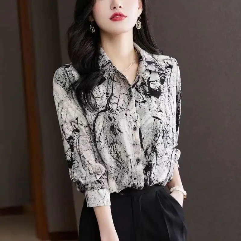 

Spring Summer Chiffon Blouses Women Loose Turn-down Collar Shirt Button Natural Scenery Printing Elegant Fashion Tops