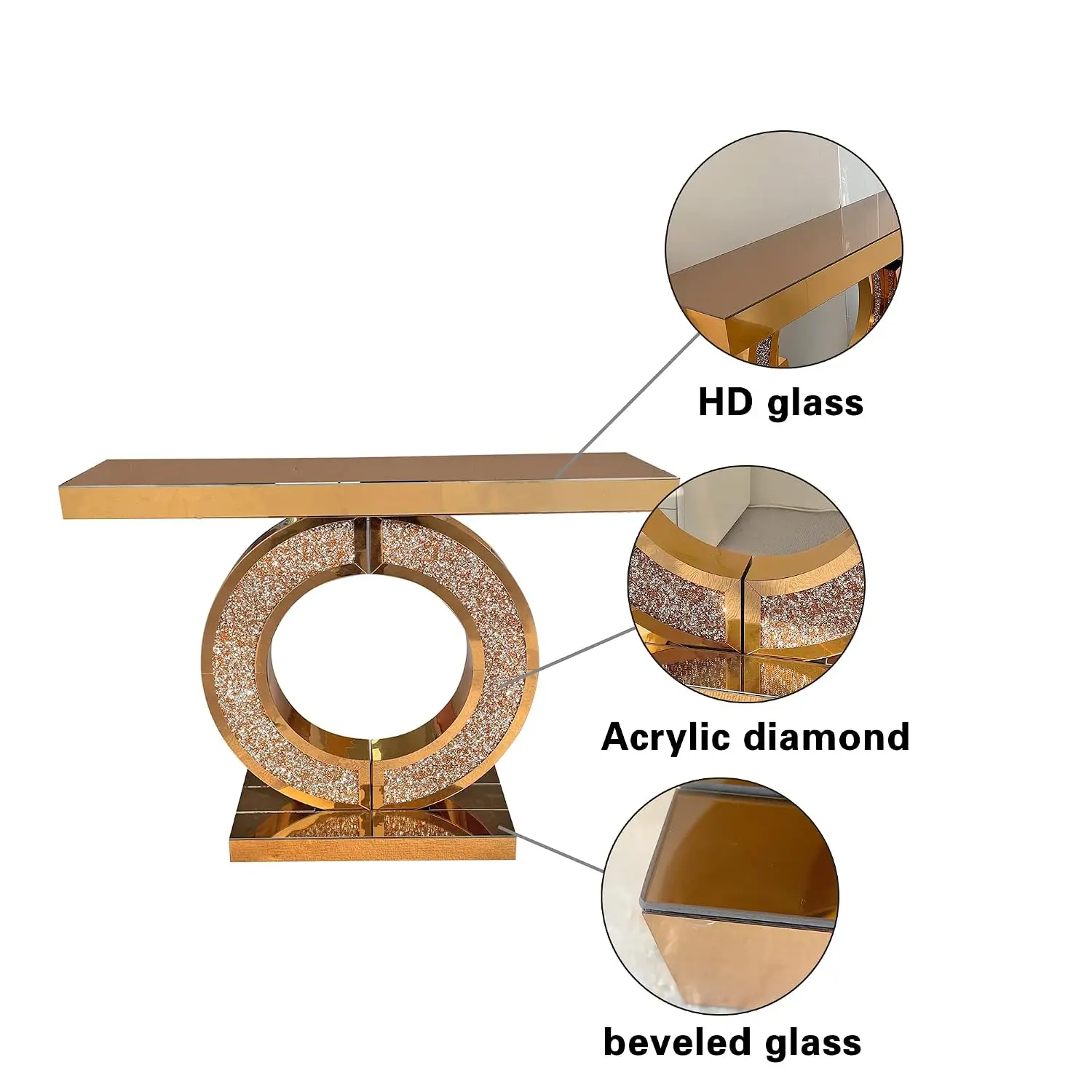 Mirrored Glass Console Table O-Base Diamond Inlay Modern Sofa Table Living Room Hallway Entryway Brown, Customized image 6