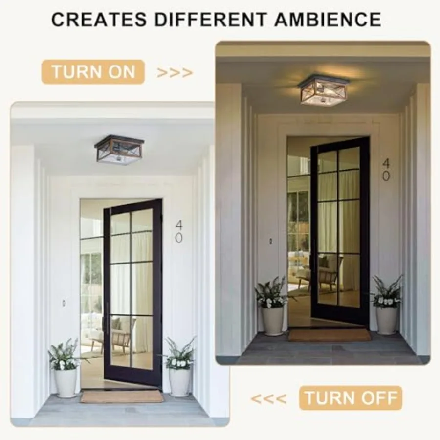 Motion Sensor Outdoor Flush Mount Ceiling Light, Industrial Glass Rustic Wood-Like Finish 2-Light Ceiling Lamp for Porch, Entry