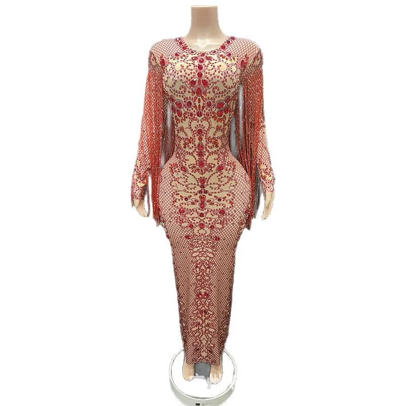 

2026 винтажное красное сверкающее женское модное платье с бахромой, юбка-мешок, светское платье на день рождения, элитное платье, модная одежда для подиума на красной ковровой дорожке