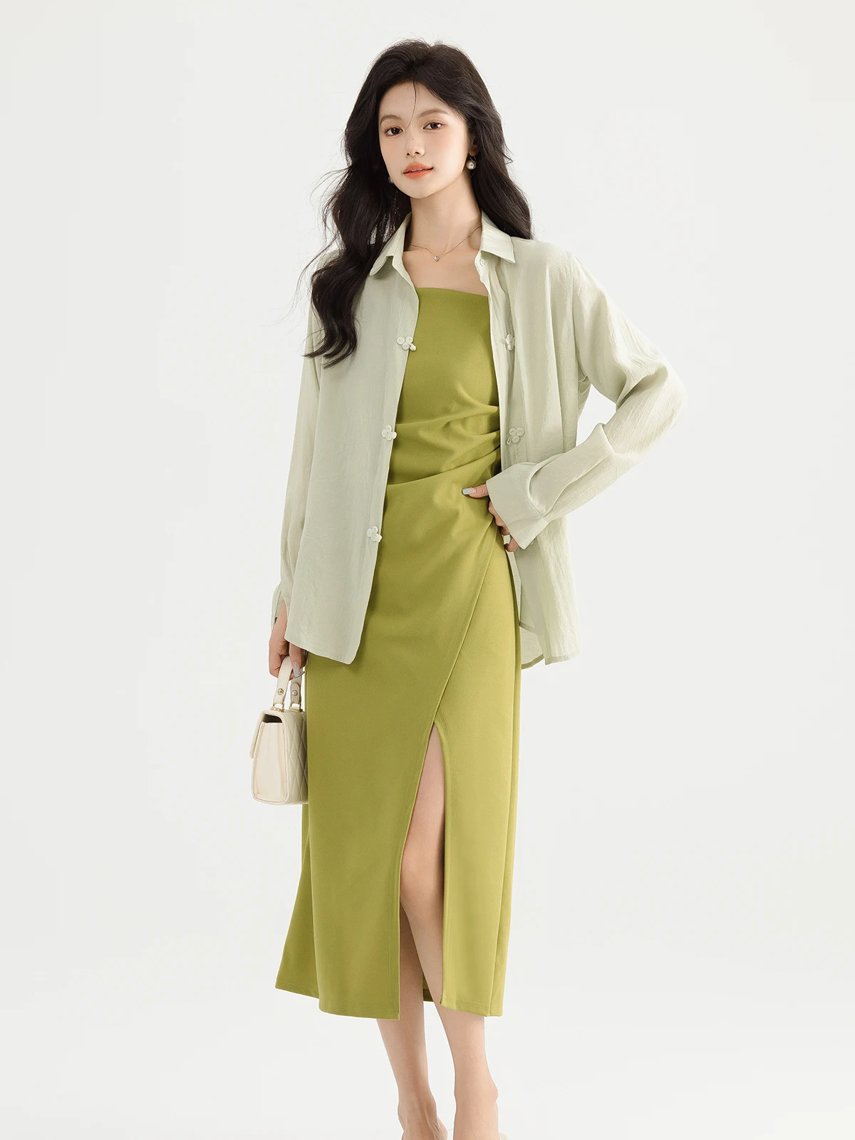 

Mening Summer New Sle Women's Dr irt Two-Piece Set Long Sve Gauze Material Split ter Ne Design Polyester Fiber