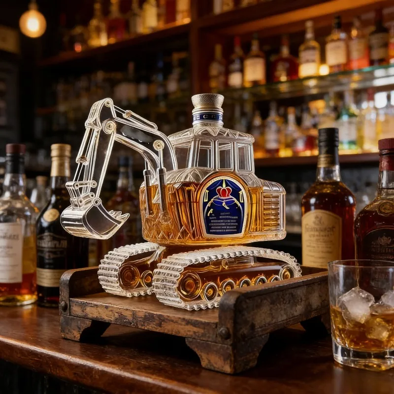 Construction Vehicle Excavator Whiskey Decanter, Handcrafted Crystal Liquor Bottle, Ideal for Man Cave & Machinery Lover Gifts