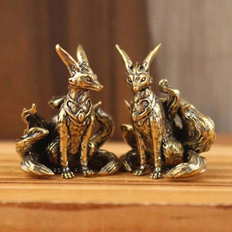 Antique Brass Seven Tailed Fox Figurines Feng Shui Lucky Ornament Copper Animal Miniature For Office Desktop Home Decor Crafts