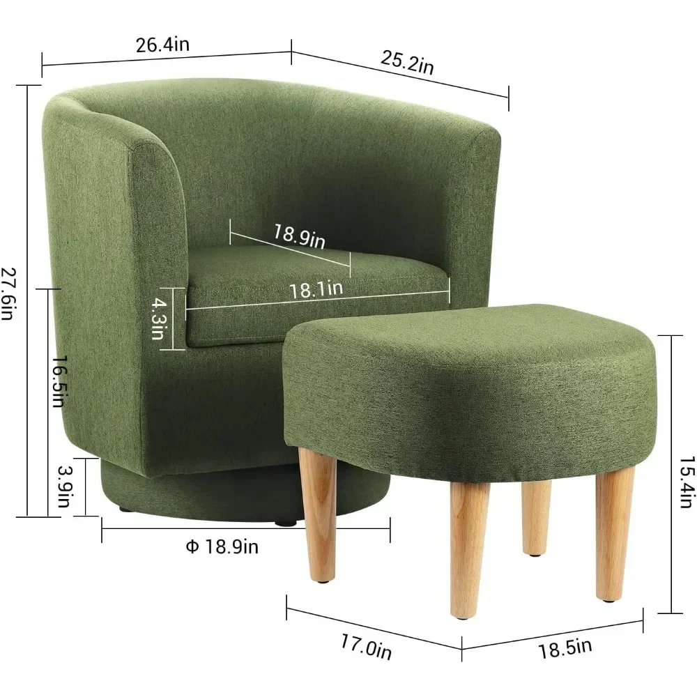 Living Room Chair Set of 2, Modern Swivel Chair with Ottoman, Comfy Armchair, Barrel Round Sofa Chair for Bedroom, Green