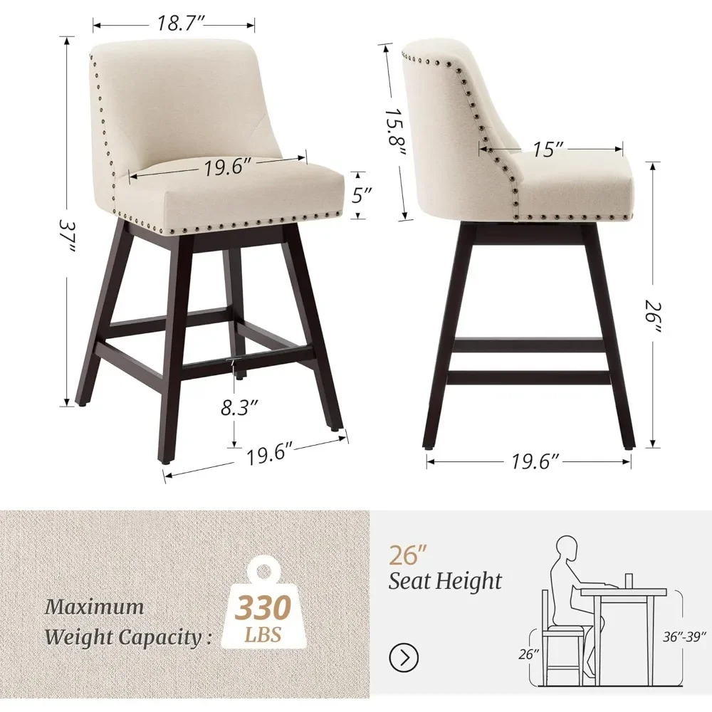 Bar Stools Set of 2, 26 Inch Swivel Counter Stools with Back, Solid Wood Legs & Footrest, Fabric Upholstered Modern Bar Stool