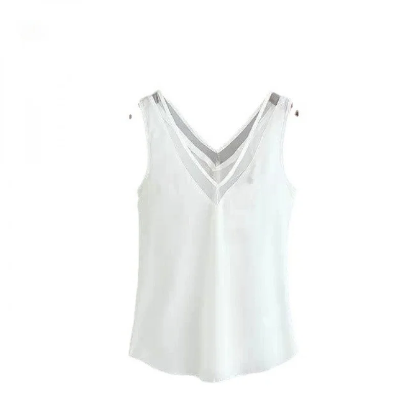 

Summer Women's Chiffon Vest Svel Blouse Sweet Sle Pure Color PU Leather Fabric Casual Wear T-irt V-Ne Bal Top