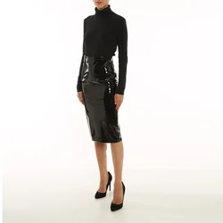 Faux Latex Pencil Skirts Women High Waist Bodycon Skirts Hems Split Office Lady Shiny Patent Leather Midi Skirts Clubwear Custom
