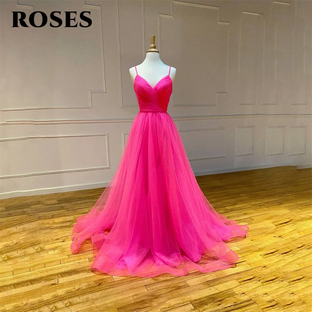 

ROSES Hot Pink Tulle Prom Dress Lace Up Back Party Dresses Pleat V Neck Celebrity GownA Line Wedding Party Dress вечерние платья