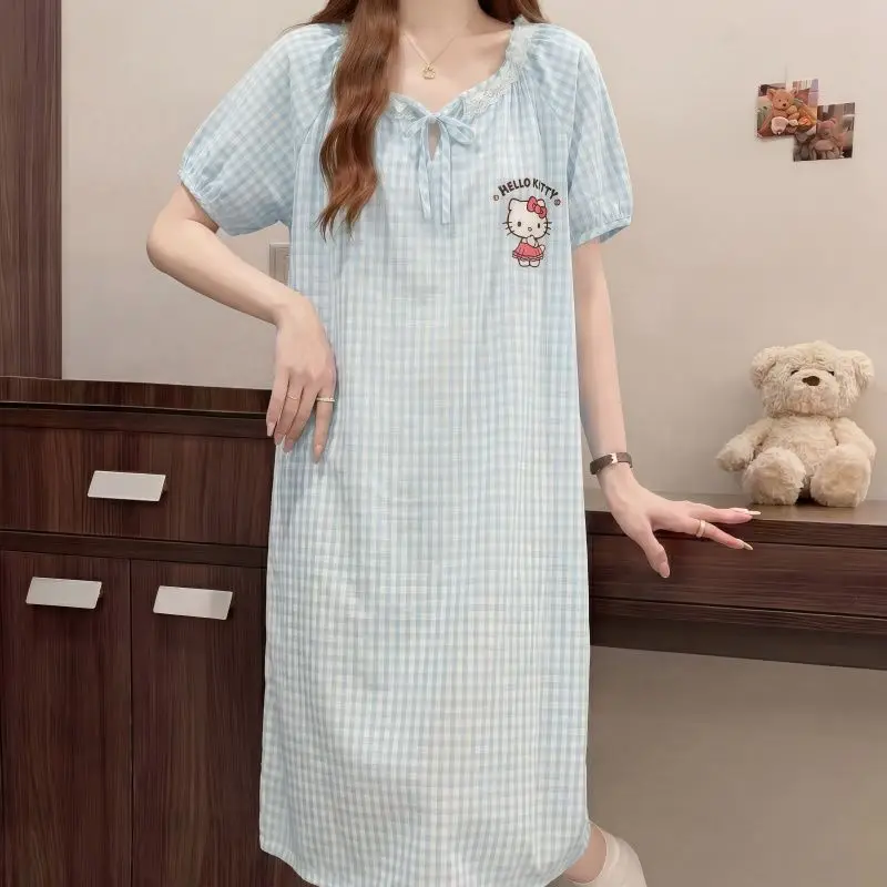 Sanrio Pajamas Dress Hello Kitty Sleeping Skirt Summer Night Skirt Short Sleeve Long Dresses Sleepwear Women's Home Clothes New