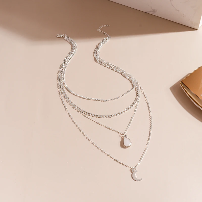 Aihua Vintage Multilayer Wasser Tropfen Mond Schloss Hamsa Hand Ketten Halsketten für Frauen Schmuck Silber Farbe Lange Anhänger Halsketten – Detail 12