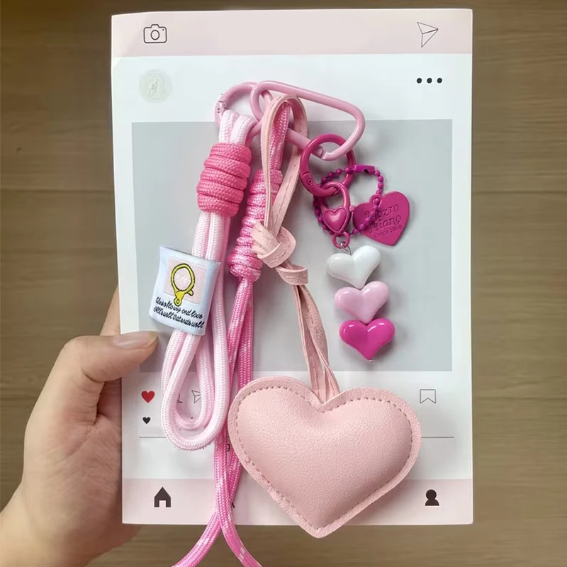 Cute PU Heart Leather Rope Keychain Handmade Braided Rope Car Keyrings Ins Y2K Love Rope Bag Charm Children Girl