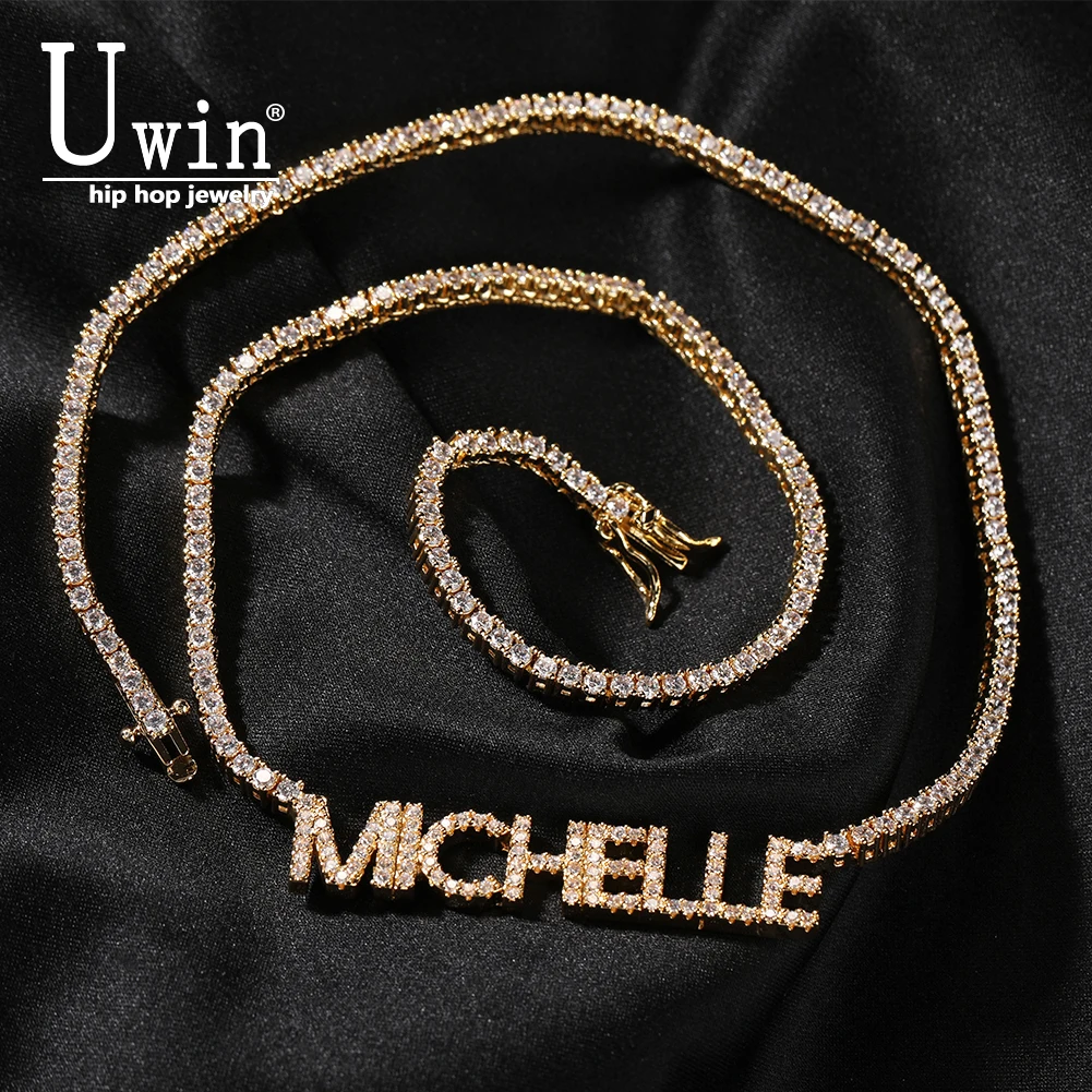 

Uwin Custom Mini Letters с 2 мм теннисной цепочкой, кулон с именем, ожерелье Iced Out CZ, табличка с именем в стиле хип-хоп, ювелирное изделие, подарок для детей и женщин