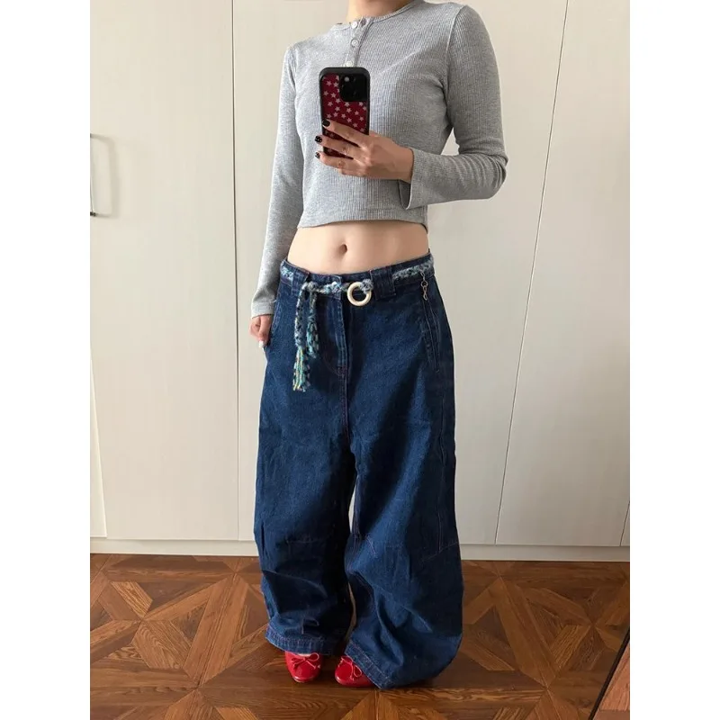 

Винтажные широкие джинсы в американском стиле, свободные утягивающие женские брюки, новинка 2025, осень-зима, повседневные брюки длиной до пола