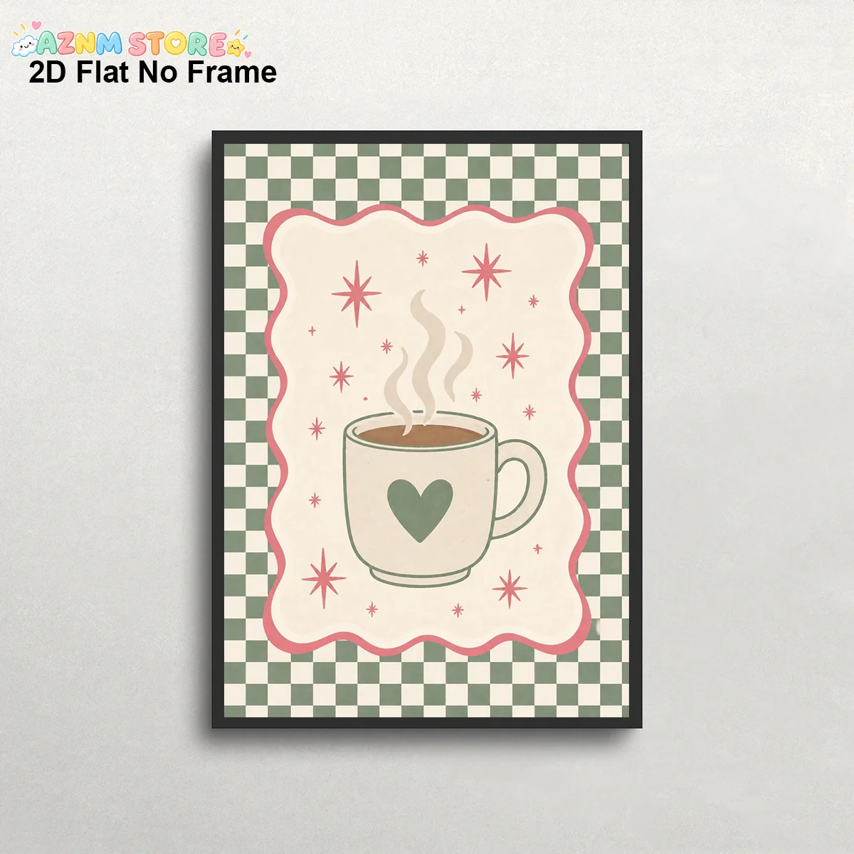 2027,2D Flat, Modern Minimalist Frameless Canvas Poster - Retro Coffee Cup with Heart & Steam Design, Green Checkered & Pink
