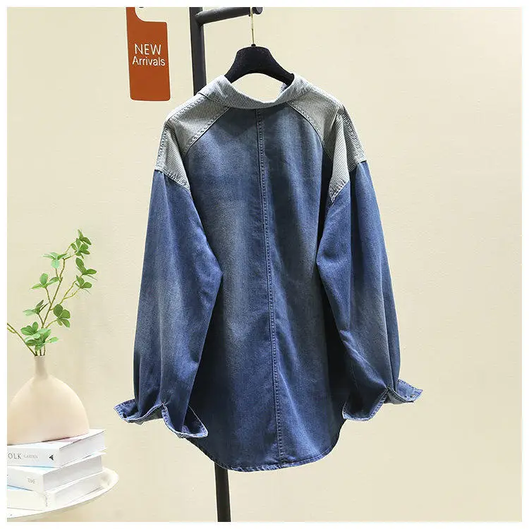 SuperAen Mid-length Vintage Striped Patchwork Denim Blue Shirt for Women 2026 Spring New Design Loose Shirt Tops