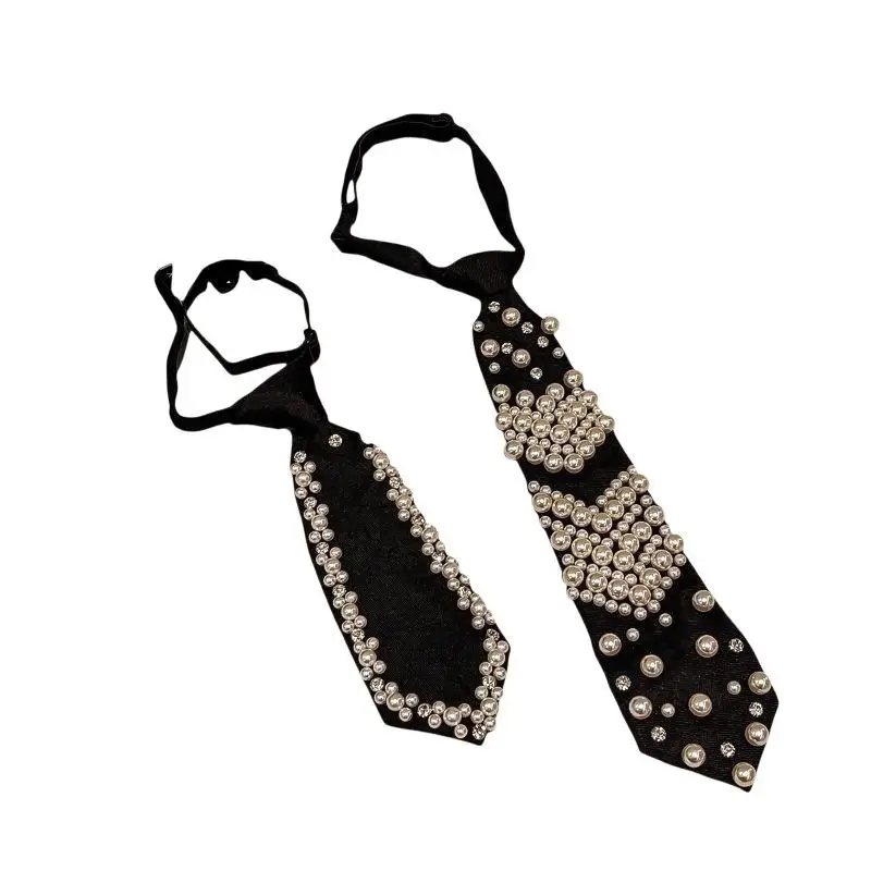 Vorgefertigte schwarze modische Krawatten mit Kunstperlen-Strass-Verzierung, perfekt für Partys, Hochzeiten, den Alltag und besondere Anlässe. – Detail 9