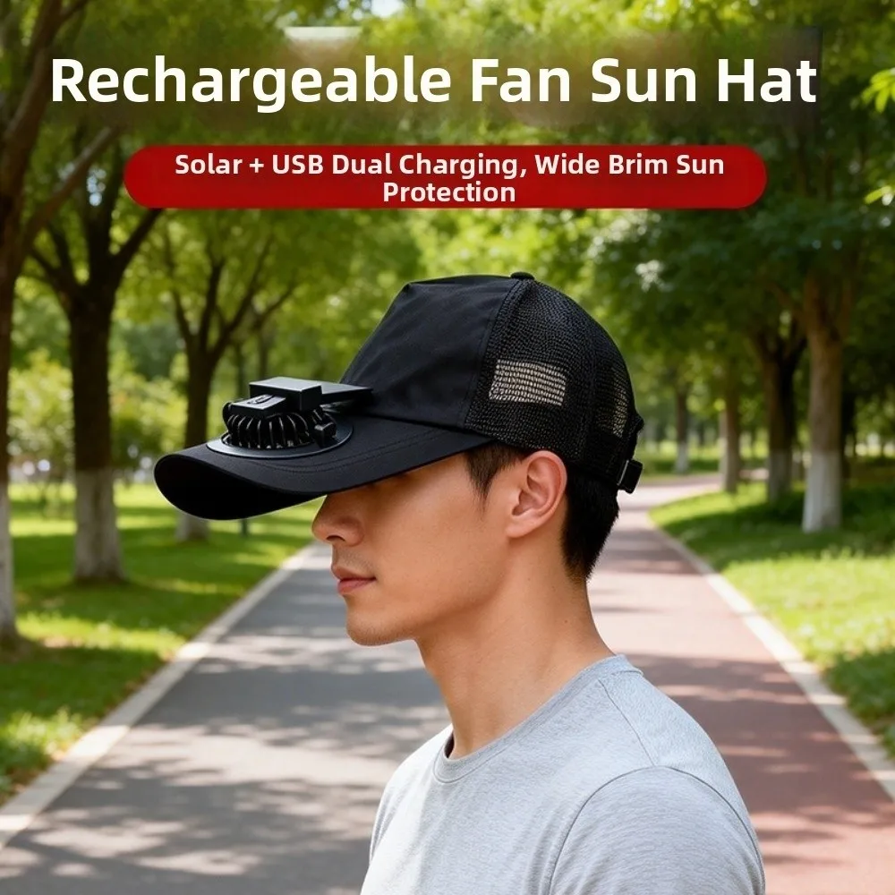 Portable Breathable Summer Fan Sunhat Sun Protection Strong Wind Baseball Cap USB / Solar Powered Wide Brim Solar Fan Cap Sport