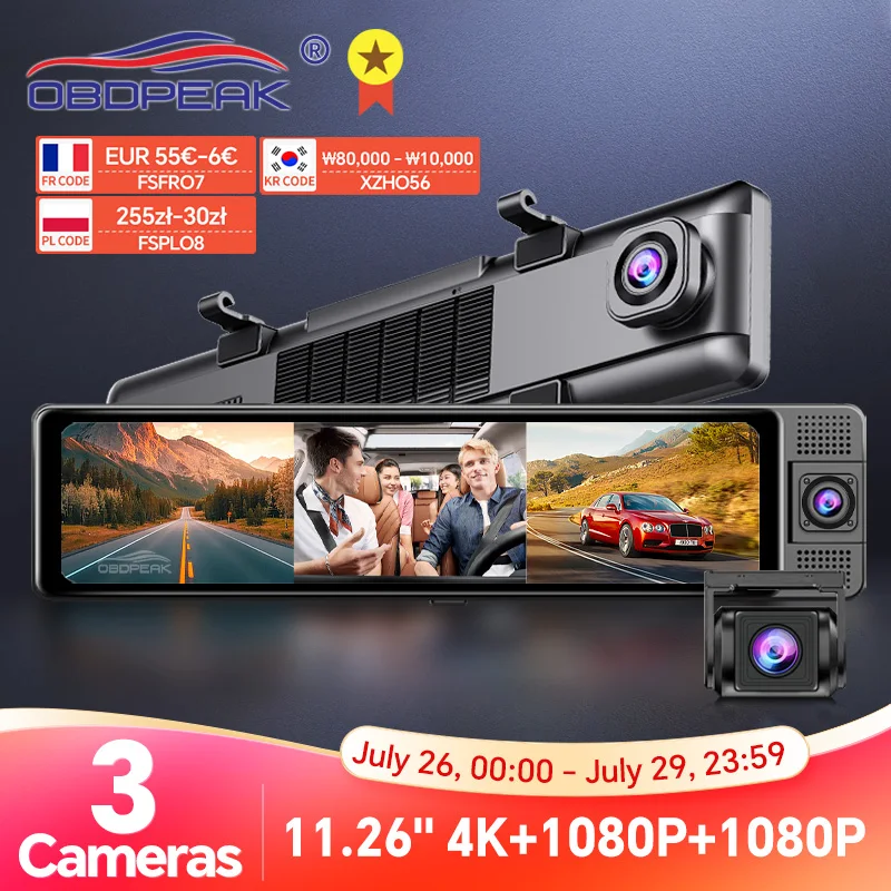 H330 Dash Cam 3 Channel Rearview Mirror Front Inside Rear 4K+1080P+1080P WiFi GPS Dual Lens Car Dvr Camera Infrared Night Vision