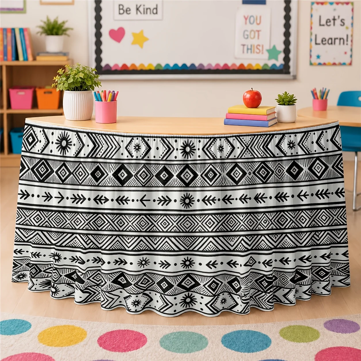 One table skirt. Geometric tribal pattern printed polyester table skirt. Bohemian style.