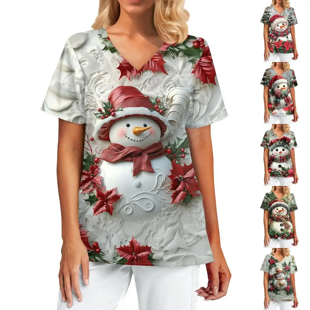 2025 women's work uniforms Christmas snowman print cartoon V-neck tops ladies shirts nurse work clothes medical uniforms