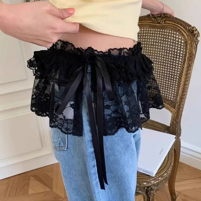 الدانتيل التنانير الصغيرة النساء أنيقة الحلو لوليتا التنانير القصيرة عالية الخصر Y2k الشارع الشهير كشكش التنانير الدانتيل تقليم بعقب الستار تنورة