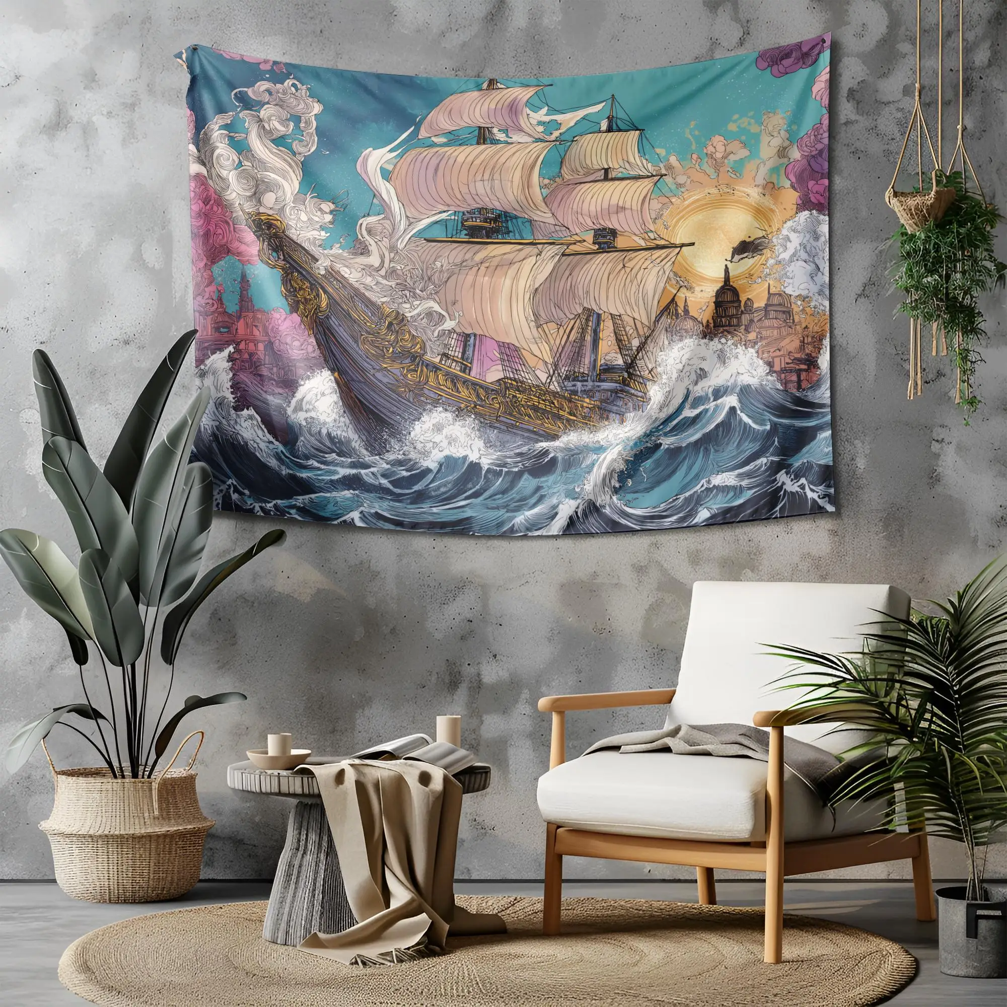 VIKAMA Retro Sailing Ship Tapestry Bohemian Background Cloth Living Room Decoration Hanging Cloth Room Decoration