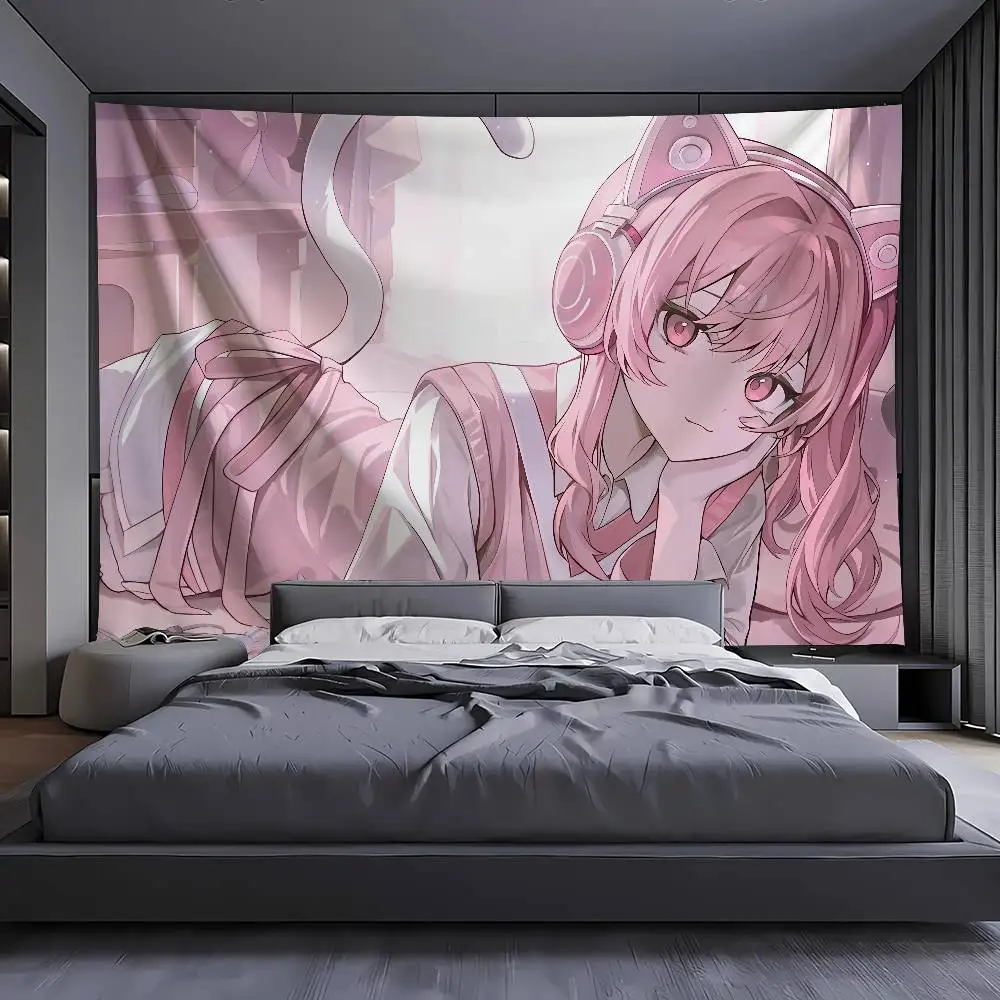 Cute Anime Cat Girl Tapestry, Pink Hair Neko Girl With Cat Ear Headphones Wall Hanging, Soft Pastel Aesthetic Wall Cloth Decor