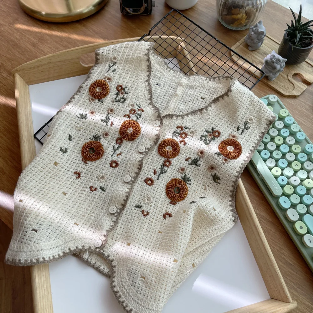 Vintage Floral Embroidery Cardigan Vest Women Summer Waistcoats Sleeveless Button Knitted Crochet Ins Floral Knit Cardigan Tops