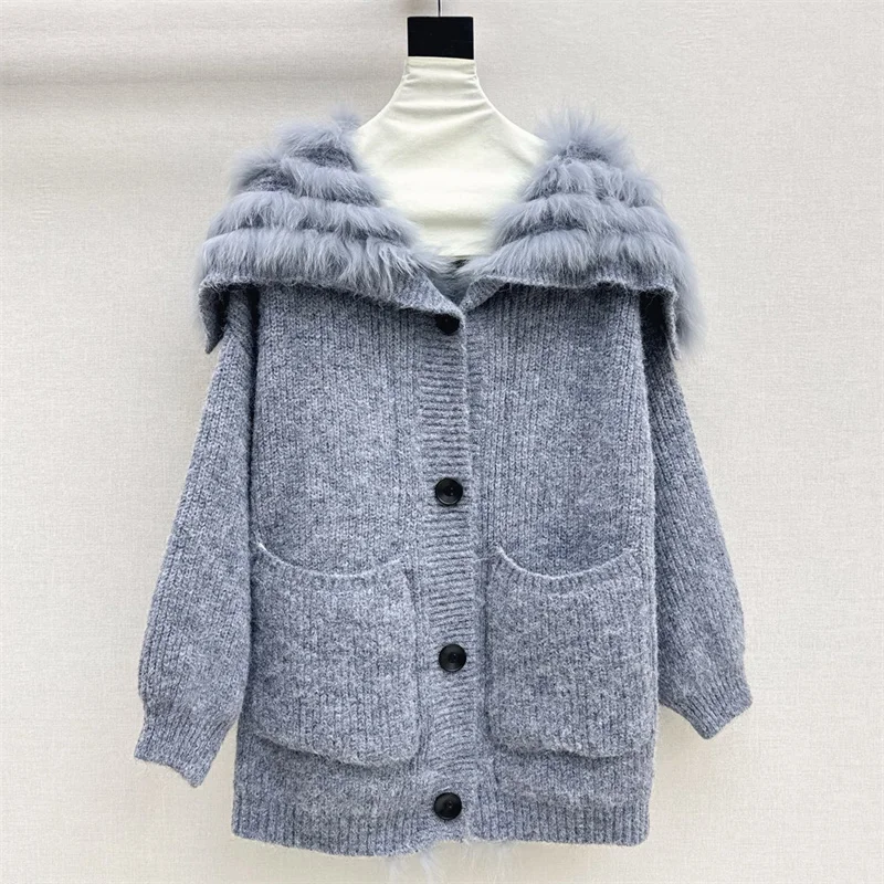 

Cardigan for women 2025 winter new Elastic knit lapel long sleeved top Fox fur collar spliced women's sweater long women's coat
