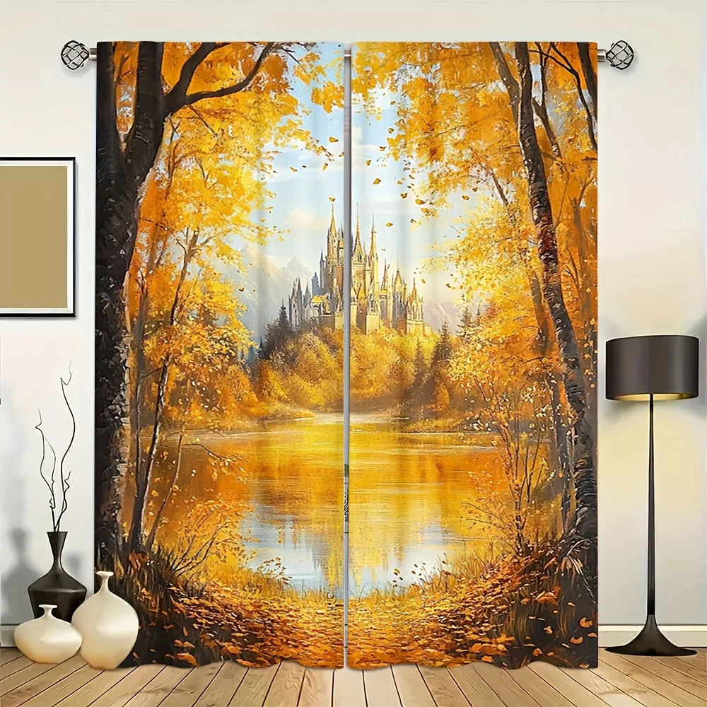 2pcs Autumn Maple Leaf & Cottage Scenery Curtains - 100% Polyester, Ginkgo Tree & Castle Print, Semi-Transparent, Machine Washab