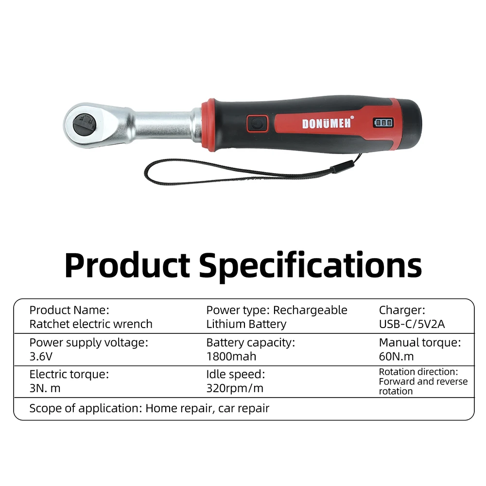 3.6V Cordless Electric Ratchet Wrench 1/4 Drive USB-C Rechargeable with 1800mAh Battery for Automotive Repair and Home DIY