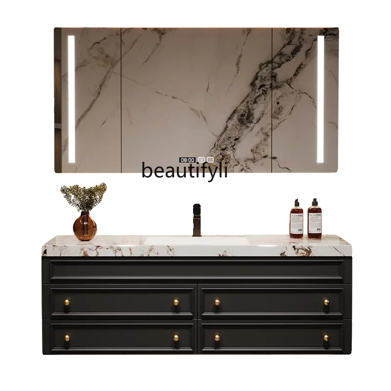 

French light luxury bathroom cabinet combination solid wood rock slab wash basin retro wash table