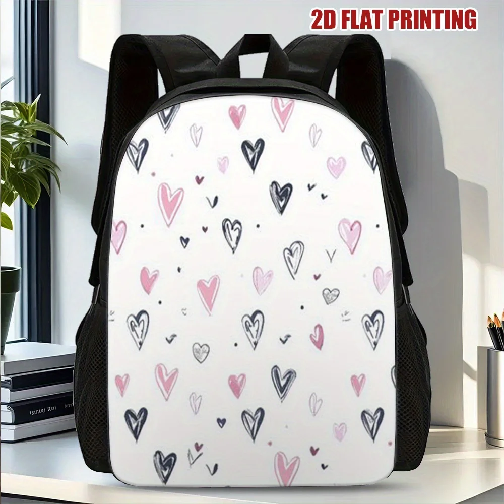 

1 Large Capacity Valentine Heart 2D Flat Printed Backpack - Travel Shoulder Bag with Washable Zipper Closure