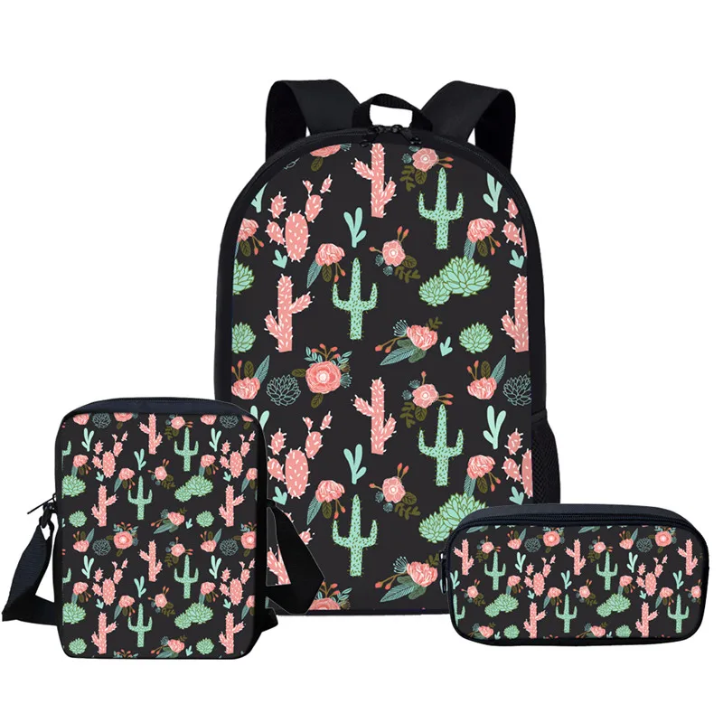 Plantas Tropicais Cacto Padrão Mochilas Escolares, Mochila Estudantil Elegante, Bolsas de Volta à Escola para Meninos e Meninas Adolescentes, criança, 3 peças por conjunto