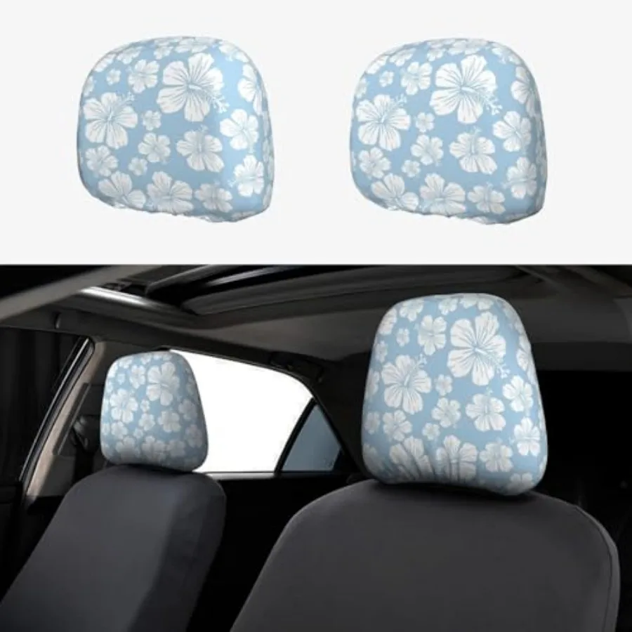 

2 Pcs Car Seat Headrest Cover, Printed Blue White Head Rest Cover Breathable Car Accessories, Stretchy Washable Headrest Protec