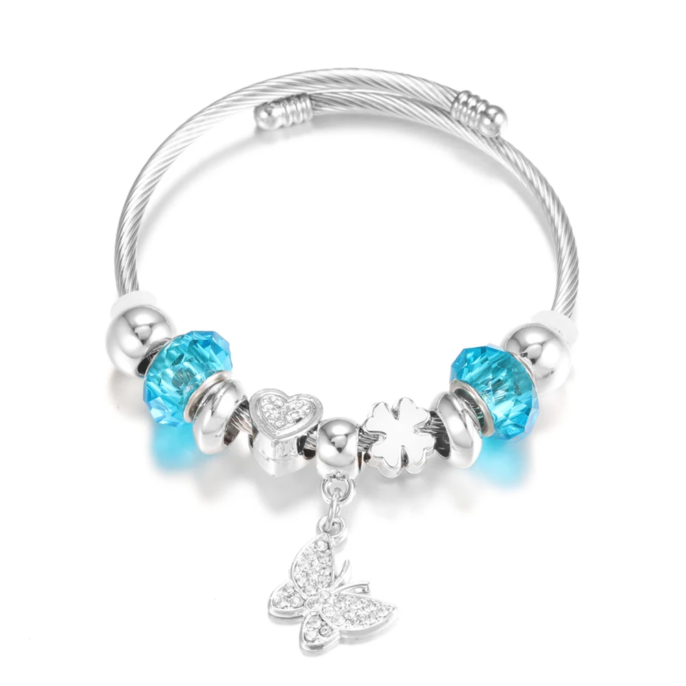 Trendy Butterfly Rhinestone Stainless Steel Bracelet Women Creativity Crystal Beaded 4 Colors Closure Adjustable Bangles Jewelry