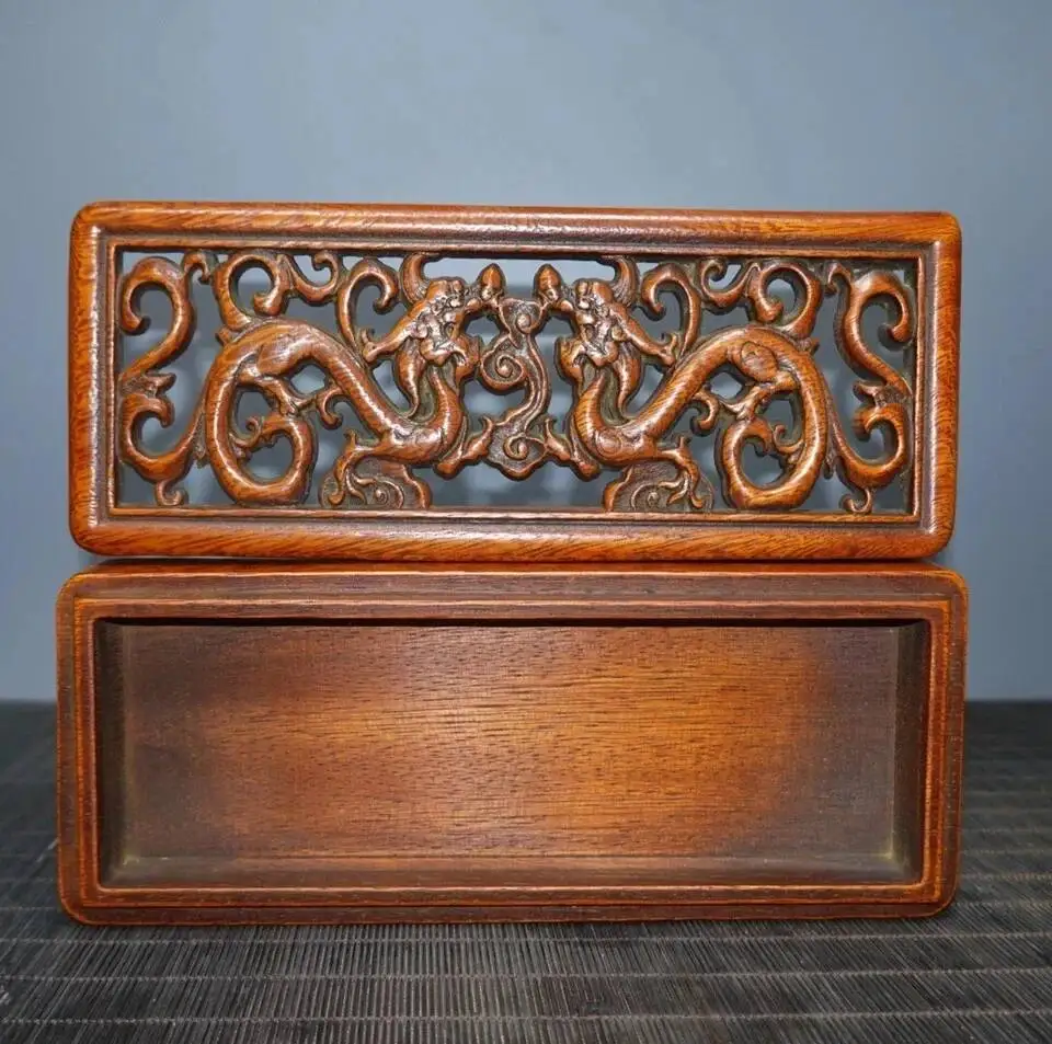 Chinese Antique Vintage Rosewood Jewelry Carved Dragon Loong Statue Box Art