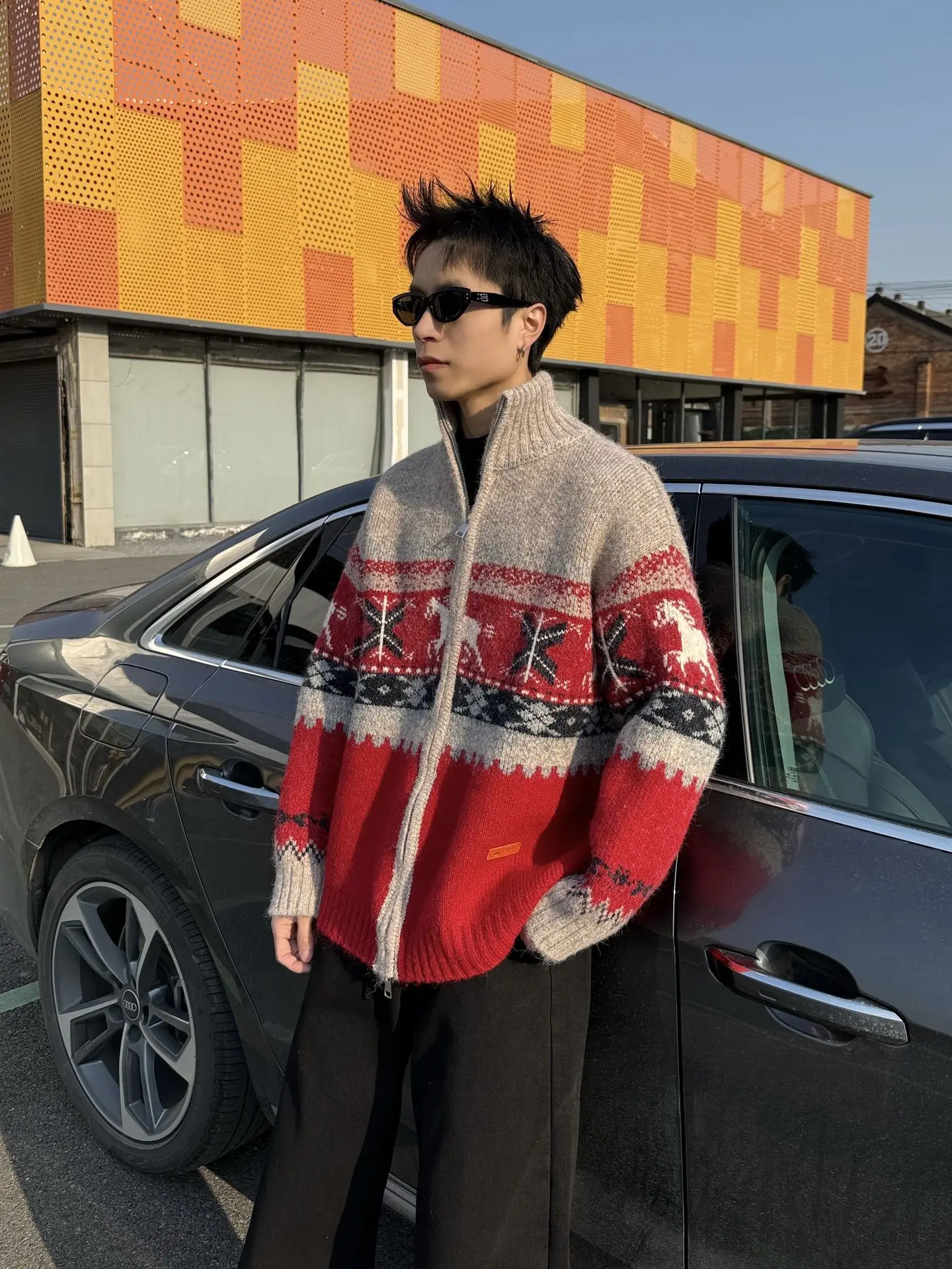 

Red Wool Blend Fair Isle Zipper Knitted Men's Sweater Autumn Winter Stand Collar Open Cardigan High End Feeling Long Sve