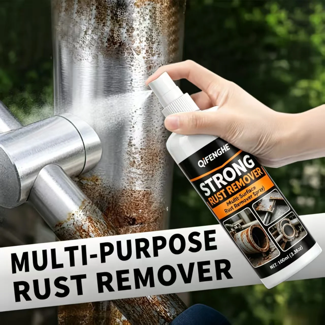 QiFENGHE 100ml Strong Rust Remover Spray, Fast-Acting Multi-Surface Rust Cleaner, Safe for Metal Tile Automotive Household Surfa