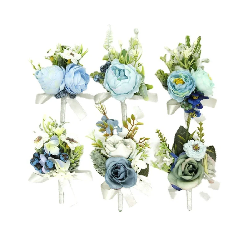 Corsage boutonniere e pulso para convidados, azul fresco, estilo ocidental, estilo floresta, festa de banquete, suprimentos do casamento, 238