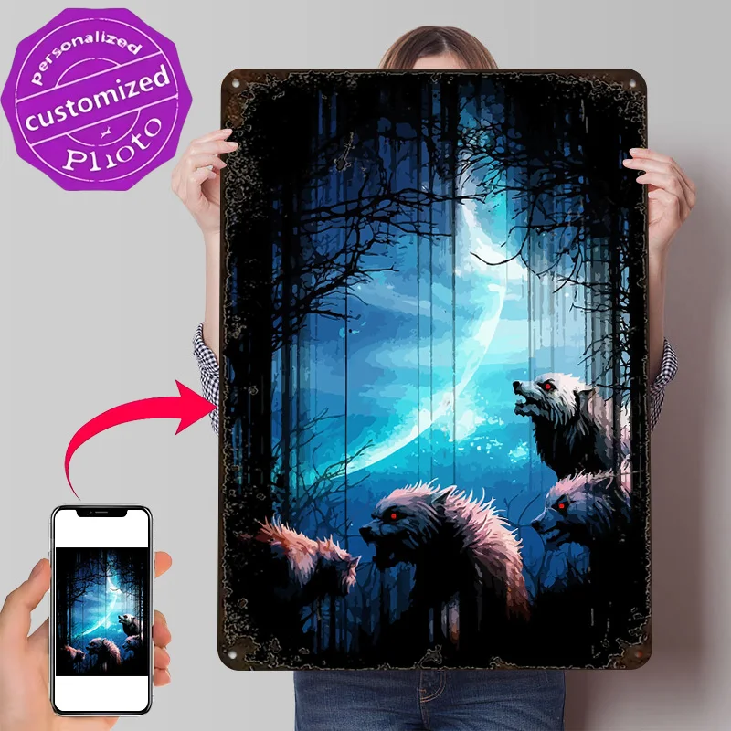 Wolf Monster Personalized 3D Textured Metal Poster Wall Art Tinplate Sign for Decor Luxury Decoration Home Decor Items Wand Deko