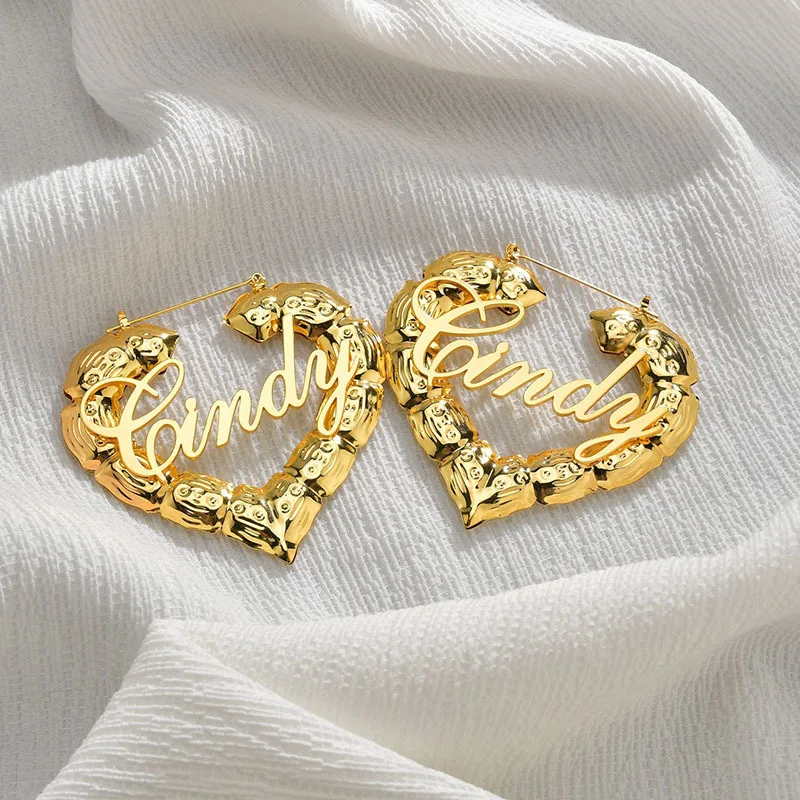30mm-100mm Bamboo Earrings Customize Name Earrings Custom Hoop Bamboo Style Personality Earrings With Heart-shaped with Gift