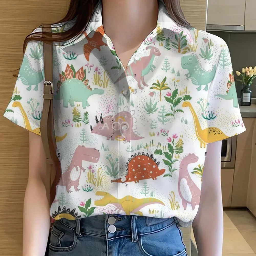 Womens Shirts Cute Animal Cat dinosaur 3D Printed Casual Hawaiian Short Sleeve Button Beach Shirt Summer Blouse Women's Clothes - Image 3