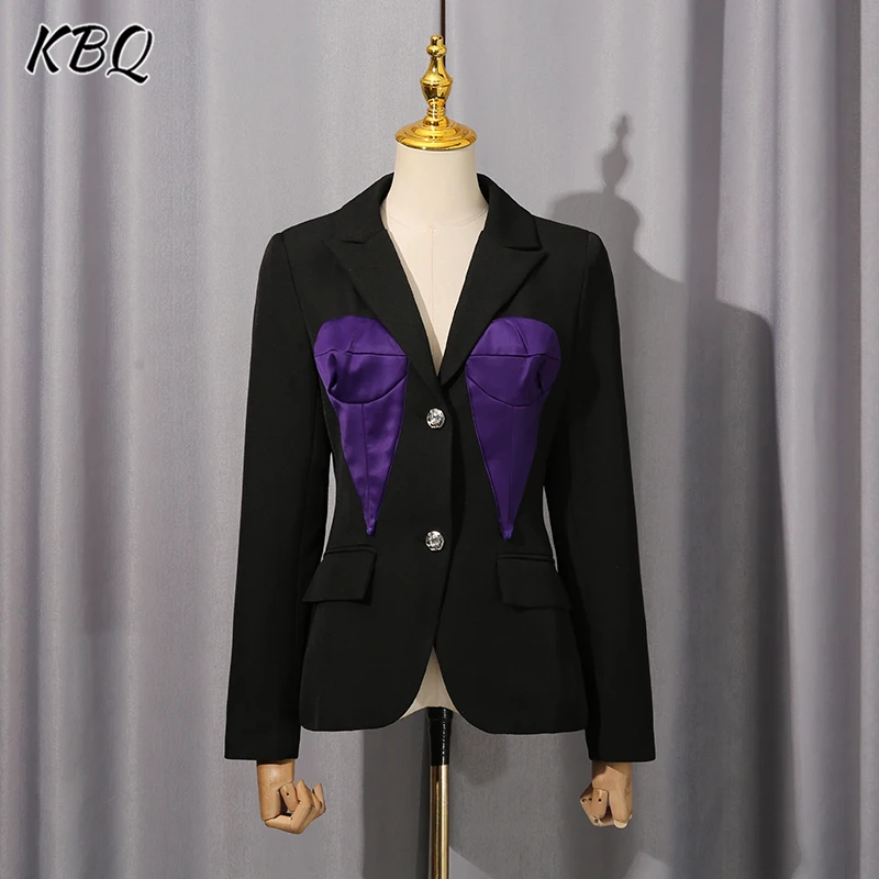 

KBQ Hit Color Temperament Slimming Tunic Jackets for Women Laple Long Sleeve Splice Button Designer Chic Coat Female Autumn New