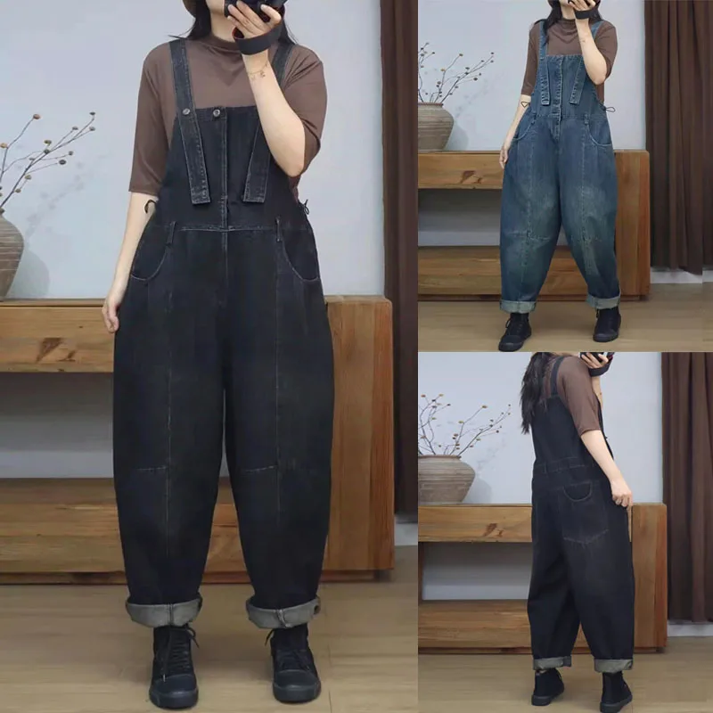 

Весенние модные ретро-комбинезоны из денима для женщин: свободные длинные брюки, скрывающие недостатки фигуры, стройнящие, цельные, трендовые, свободного кроя, в стиле карго