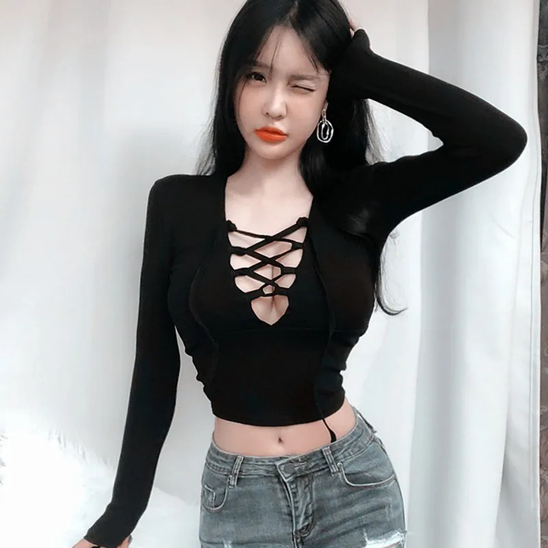 Women\'s T Shirt Hollow Exposure Navel Long-sleeved Short Crop Top Black